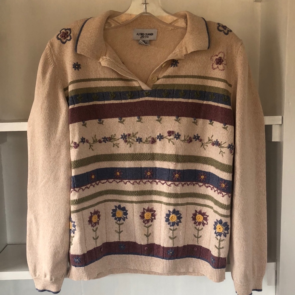 Vintage Embroidered Floral Alfred Dunner Sweater Cottagecore Ramie Cotton Blend